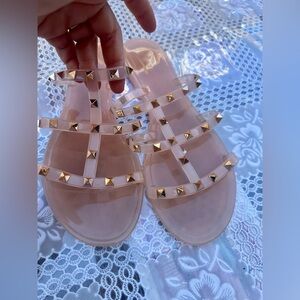 Women’s light pink beige jelly sandal studded flats size 10